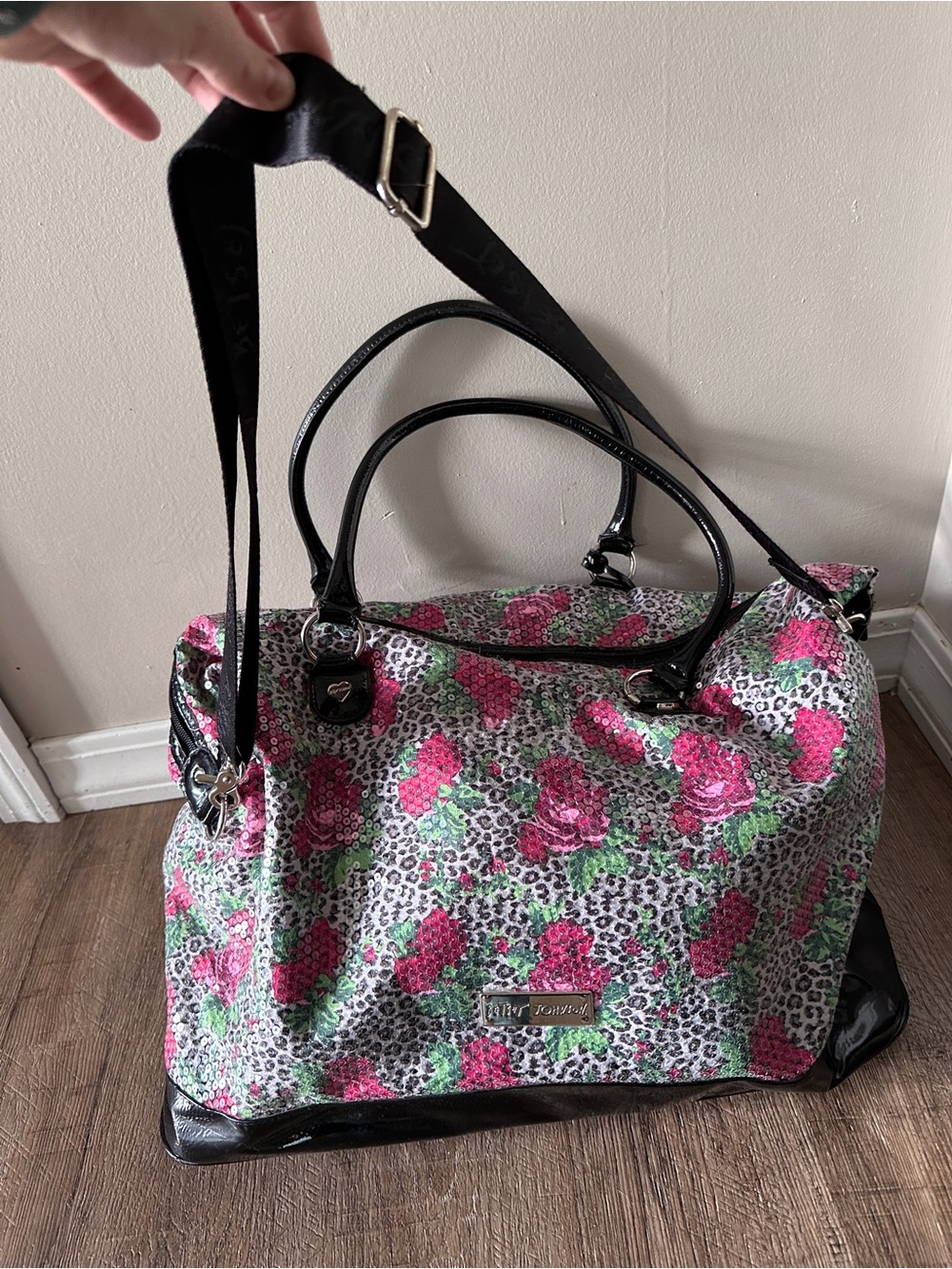Betsey Johnson Sequin Leopard Rose Weekender Bag Heart Pocket - EUC